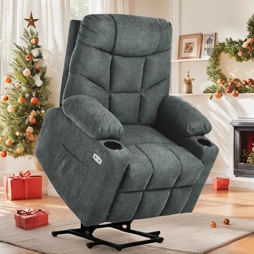 YITAHOME Dark Grey Power Lift Recliner with Massage, Heat, USB Ports, Cup Holders, Remote Control, and a Spacious Fabric Seat