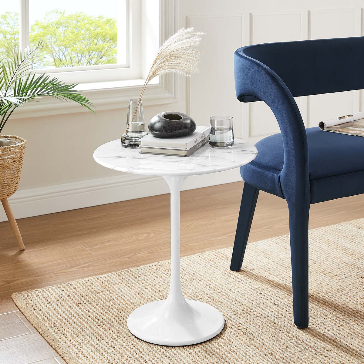 Modway Lippa 20-Inch Round Side Table with Artificial Marble Top, White