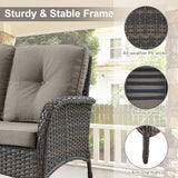 3-Piece Outdoor Patio Furniture Set with Two Swivel Rocker Chairs and Rattan Side Table, Wicker Glider Seating for Deck, Porch or Poolside, Brown and Blue