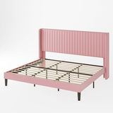 Allewie Queen Velvet Platform Bed with Vertical Channel-Tufted Wingback Headboard, Strong Wooden Slats, No Box Spring Required, Easy Assembly, Black