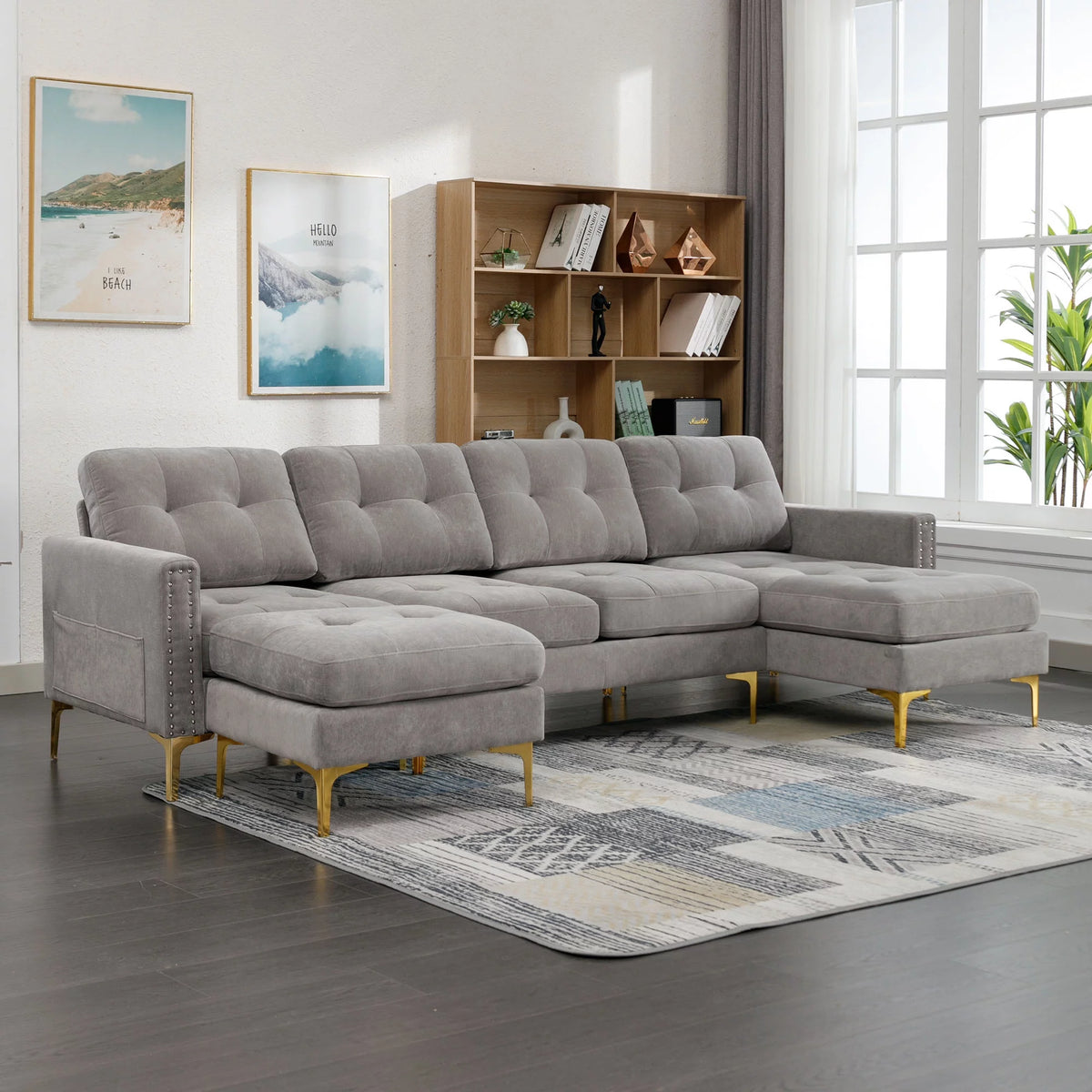 Soges Gray U-Shaped Sectional Sofa with Convertible 5-Seater Design and Ottoman, Living Room Couch Measuring 110×54