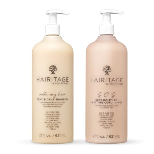 Hairitage Gentle Daily Moisture Shampoo and Conditioner 2-Pack, 21oz, with Jojoba Oil for Dry, Damaged Hair, Split-End and Bond Strengthening, Anti-Frizz Color-Safe Cherry + Amber Scent