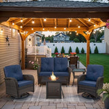 3-Piece Outdoor Patio Furniture Set with Two Swivel Rocker Chairs and Rattan Side Table, Wicker Glider Seating for Deck, Porch or Poolside, Brown and Blue
