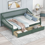 Green Full-Size Wooden Daybed with Rails on 3 Sides, Two Storage Drawers and Support Legs