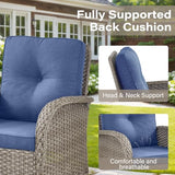 3-Piece Outdoor Patio Furniture Set with Two Swivel Rocker Chairs and Rattan Side Table, Wicker Glider Seating for Deck, Porch or Poolside, Brown and Blue