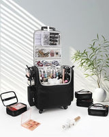 Relavel Rolling Makeup Train Case with 4 Wheels, Heat-Insulated Full-Layer Design, Adjustable Dividers and Organized Storage for Cosmetics and Hair Tools