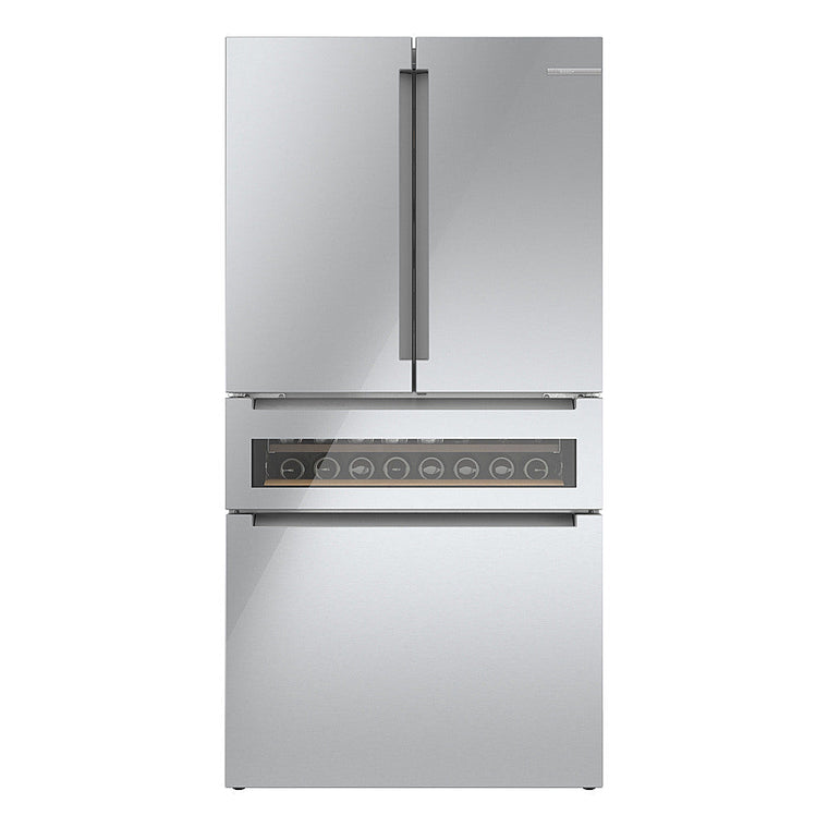 Bosch 800 Series Smart Refrigerator with 4-Door French Door Design, 20 Cu. Ft. Counter-Depth Storage and Beverage Cooler Drawer, Stainless Steel