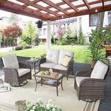 3-Piece Outdoor Patio Furniture Set with Two Swivel Rocker Chairs and Rattan Side Table, Wicker Glider Seating for Deck, Porch or Poolside, Brown and Blue