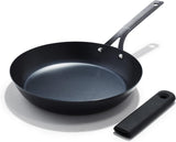 OXO Obsidian 12-Inch Carbon Steel Wok Pan, Pre-Seasoned with Removable Silicone Handle Holder, Induction and Oven Safe, Black