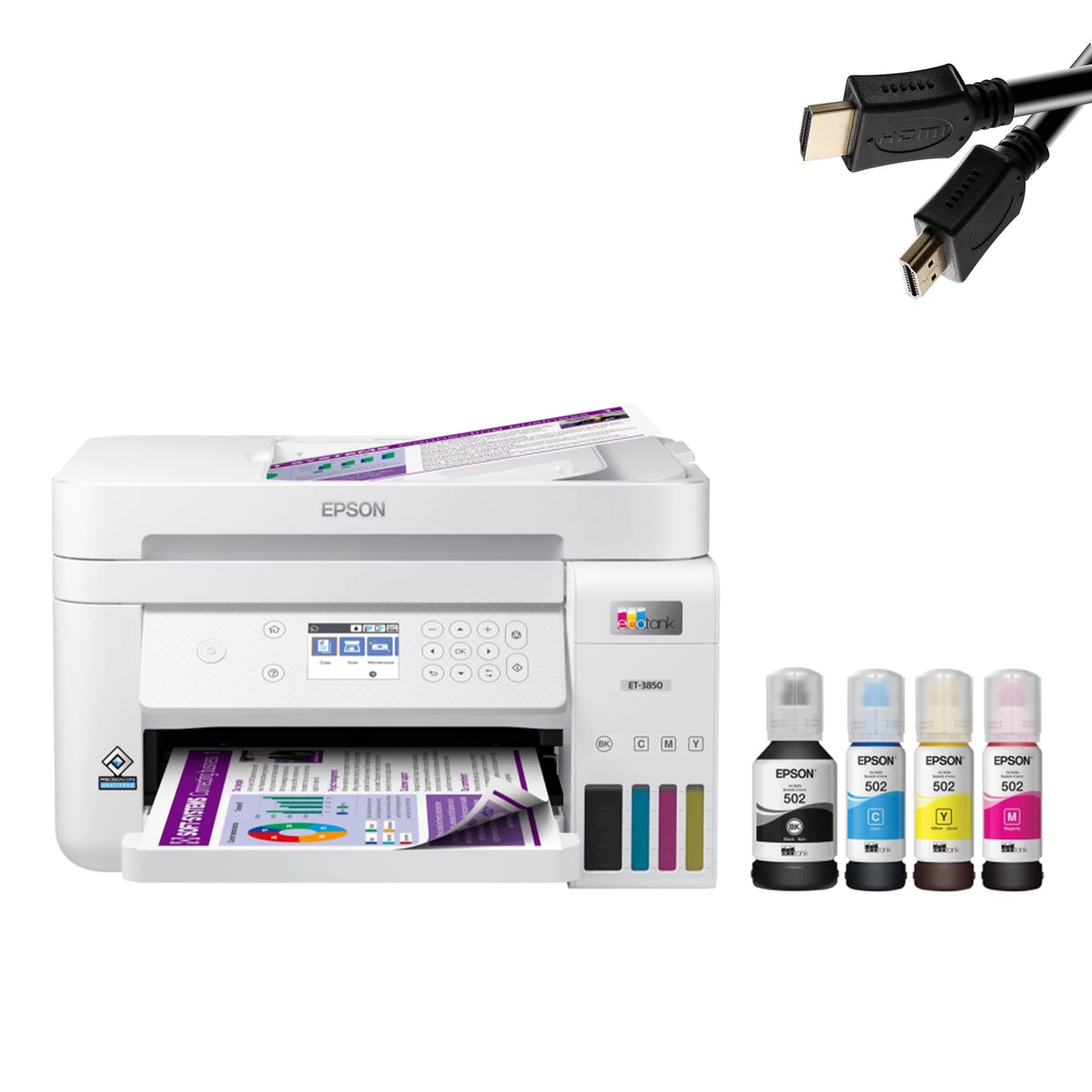 Epson EcoTank-3850 Special Edition All-in-One Inkjet Printer with Scanner and Copier, White, Includes Printer Cable Bundle