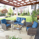 3-Piece Outdoor Patio Furniture Set with Two Swivel Rocker Chairs and Rattan Side Table, Wicker Glider Seating for Deck, Porch or Poolside, Brown and Blue