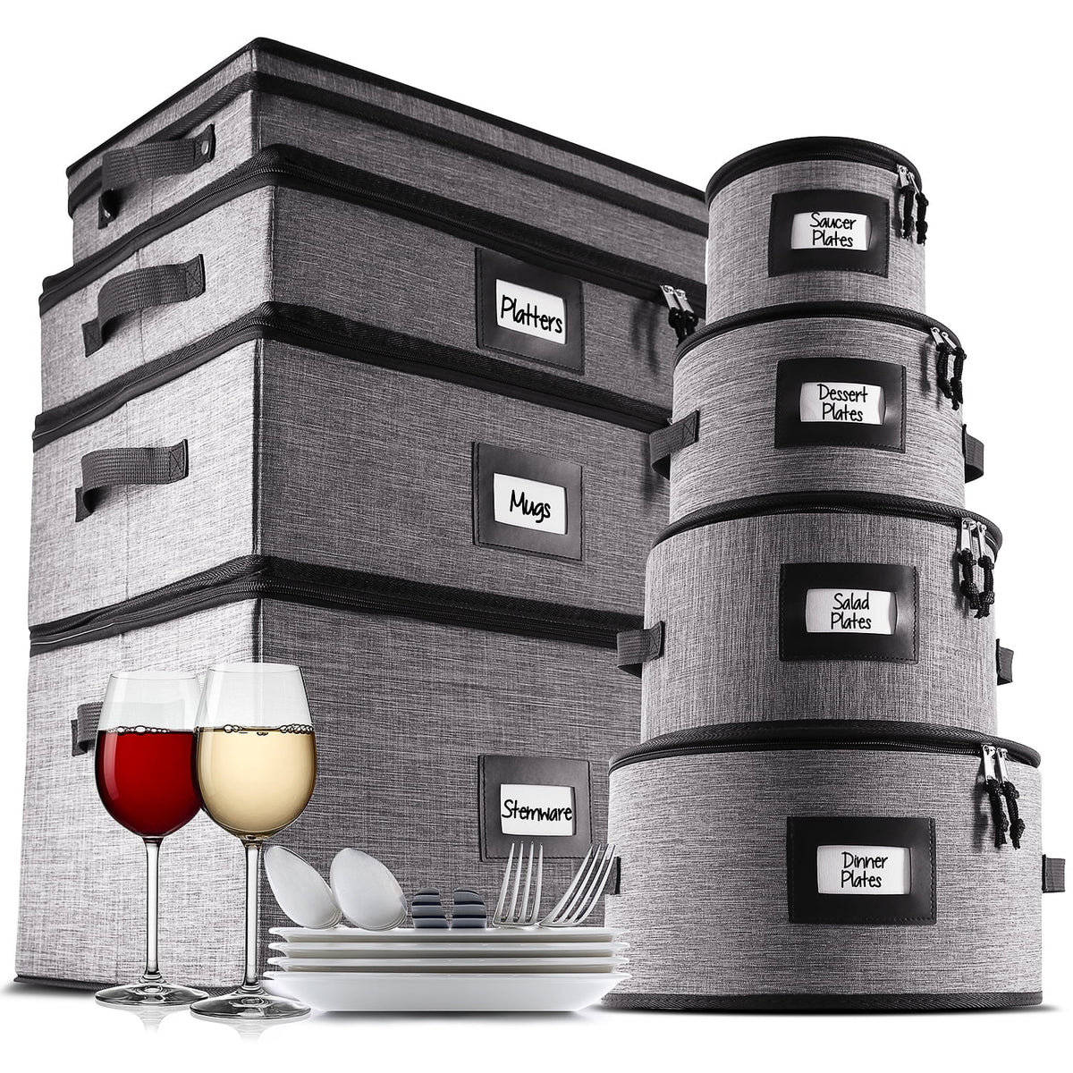 StorageBud Gray Dinnerware Storage Container Set, 8-Piece Organizer for Plates, Cups, Flatware, Stemware and Platters
