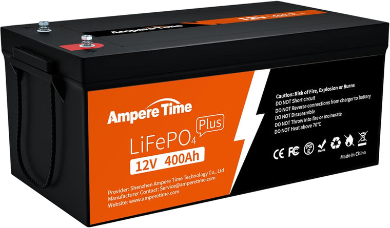 Pack of 2 Ampere Time 12V 400Ah LiFePO4 Deep Cycle Batteries with Built-in 250A BMS and 5.12kWh Runtime