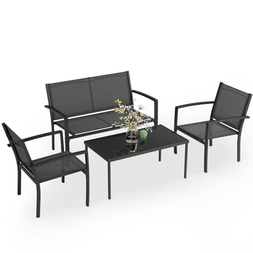 Greesum 4-Piece Outdoor Patio Conversation Set with Glass Coffee Table, Black Furniture for Lawn, Garden or Poolside