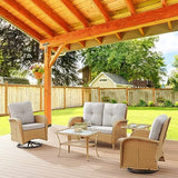3-Piece Outdoor Patio Furniture Set with Two Swivel Rocker Chairs and Rattan Side Table, Wicker Glider Seating for Deck, Porch or Poolside, Brown and Blue