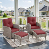 3-Piece Outdoor Patio Furniture Set with Two Swivel Rocker Chairs and Rattan Side Table, Wicker Glider Seating for Deck, Porch or Poolside, Brown and Blue