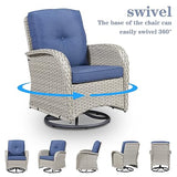 3-Piece Outdoor Patio Furniture Set with Two Swivel Rocker Chairs and Rattan Side Table, Wicker Glider Seating for Deck, Porch or Poolside, Brown and Blue