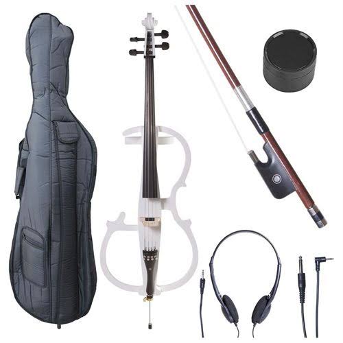 Cecilio CECO-2WH Full-Size 4/4 Electric Cello in Pearl White, Featuring Ebony Construction, Style 2, Soft Case, Bow and Accessories