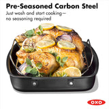 OXO Obsidian 12-Inch Carbon Steel Wok Pan, Pre-Seasoned with Removable Silicone Handle Holder, Induction and Oven Safe, Black