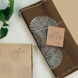 Cheyenne Burlap Linen Table Runner with Hand-Printed White Dandelion Design, 100% Linen, Fringed Edge, Prewashed, Pre-Shrunk, and Machine Washable, Chocolate Brown, 14 x 36