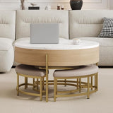 Linique Modern Round Lift-Top Coffee Table with Concealed Storage and 3 Ottomans, White + Black