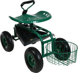 Sunnydaze Green Garden Cart with Rolling Scooter Seat, Extendable Steering Handle, Swivel Seat and Utility Tool Tray