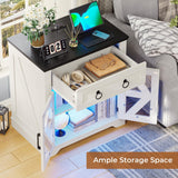 White Farmhouse End Table and Nightstand with Charging Station and LED Lights for Living Room or Bedroom