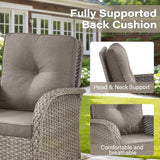3-Piece Outdoor Patio Furniture Set with Two Swivel Rocker Chairs and Rattan Side Table, Wicker Glider Seating for Deck, Porch or Poolside, Brown and Blue