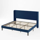 Allewie Queen Velvet Platform Bed with Vertical Channel-Tufted Wingback Headboard, Strong Wooden Slats, No Box Spring Required, Easy Assembly, Black