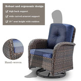 3-Piece Outdoor Patio Furniture Set with Two Swivel Rocker Chairs and Rattan Side Table, Wicker Glider Seating for Deck, Porch or Poolside, Brown and Blue