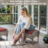 3-Piece Outdoor Patio Furniture Set with Two Swivel Rocker Chairs and Rattan Side Table, Wicker Glider Seating for Deck, Porch or Poolside, Brown and Blue
