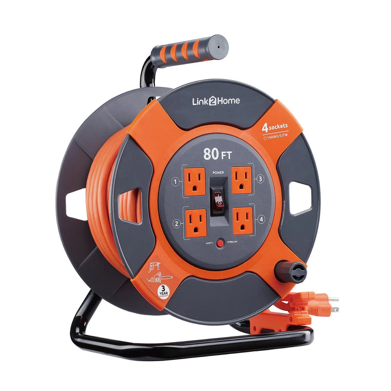 Link2Home Cord Reel with 80-Foot Extension Cord and 4 Power Outlets