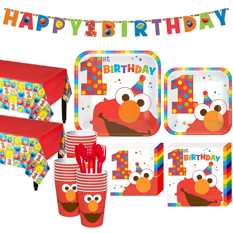 Elmo 1st Birthday Party Kit for 32 Guests with Table Decorations and Banners