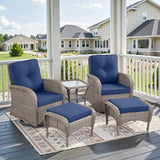 3-Piece Outdoor Patio Furniture Set with Two Swivel Rocker Chairs and Rattan Side Table, Wicker Glider Seating for Deck, Porch or Poolside, Brown and Blue