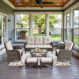 3-Piece Outdoor Patio Furniture Set with Two Swivel Rocker Chairs and Rattan Side Table, Wicker Glider Seating for Deck, Porch or Poolside, Brown and Blue