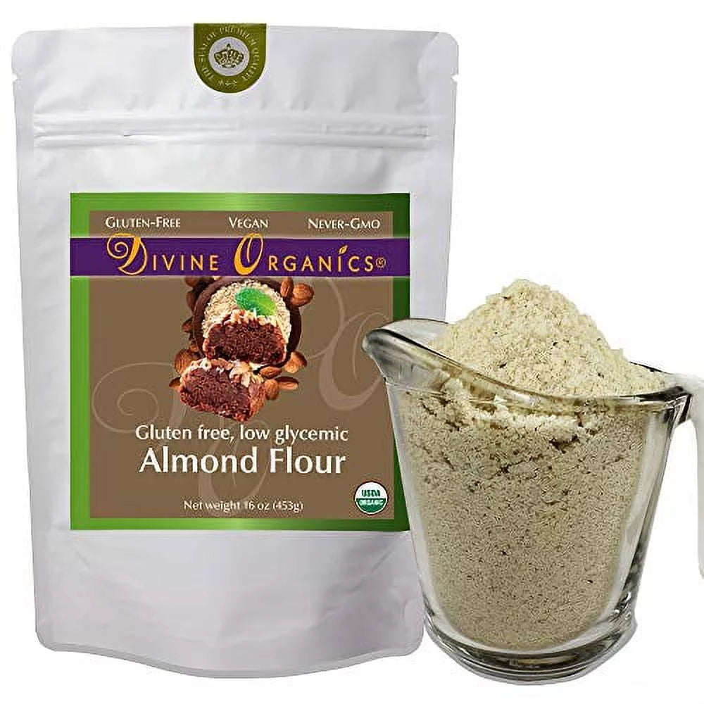 Divine Organics 16 oz Organic Almond Flour, Powdered Gluten-Free Non-GMO Baking Ingredient with Low Glycemic Profile