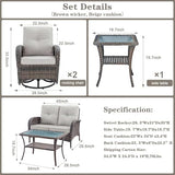 3-Piece Outdoor Patio Furniture Set with Two Swivel Rocker Chairs and Rattan Side Table, Wicker Glider Seating for Deck, Porch or Poolside, Brown and Blue