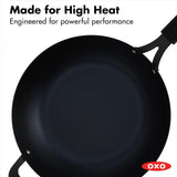 OXO Obsidian 12-Inch Carbon Steel Wok Pan, Pre-Seasoned with Removable Silicone Handle Holder, Induction and Oven Safe, Black