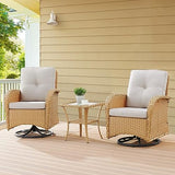 3-Piece Outdoor Patio Furniture Set with Two Swivel Rocker Chairs and Rattan Side Table, Wicker Glider Seating for Deck, Porch or Poolside, Brown and Blue