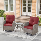 3-Piece Outdoor Patio Furniture Set with Two Swivel Rocker Chairs and Rattan Side Table, Wicker Glider Seating for Deck, Porch or Poolside, Brown and Blue