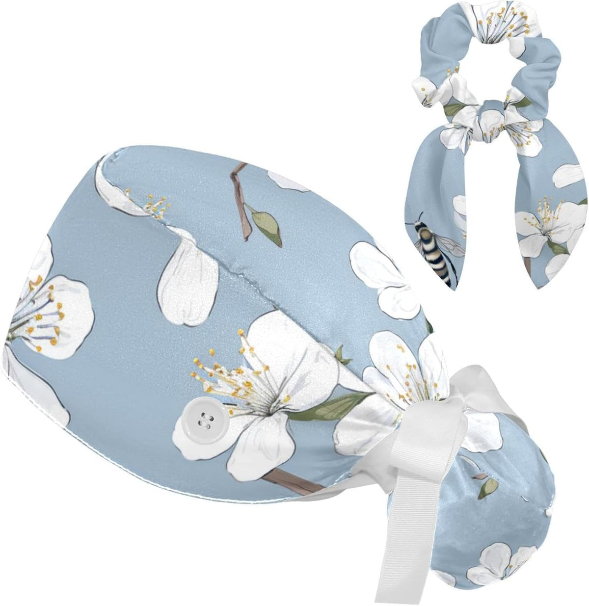 Bee and Spring Blossom Scrub Surgical Hat with Button-Compatible Cycling Design and Cotton Sweatband