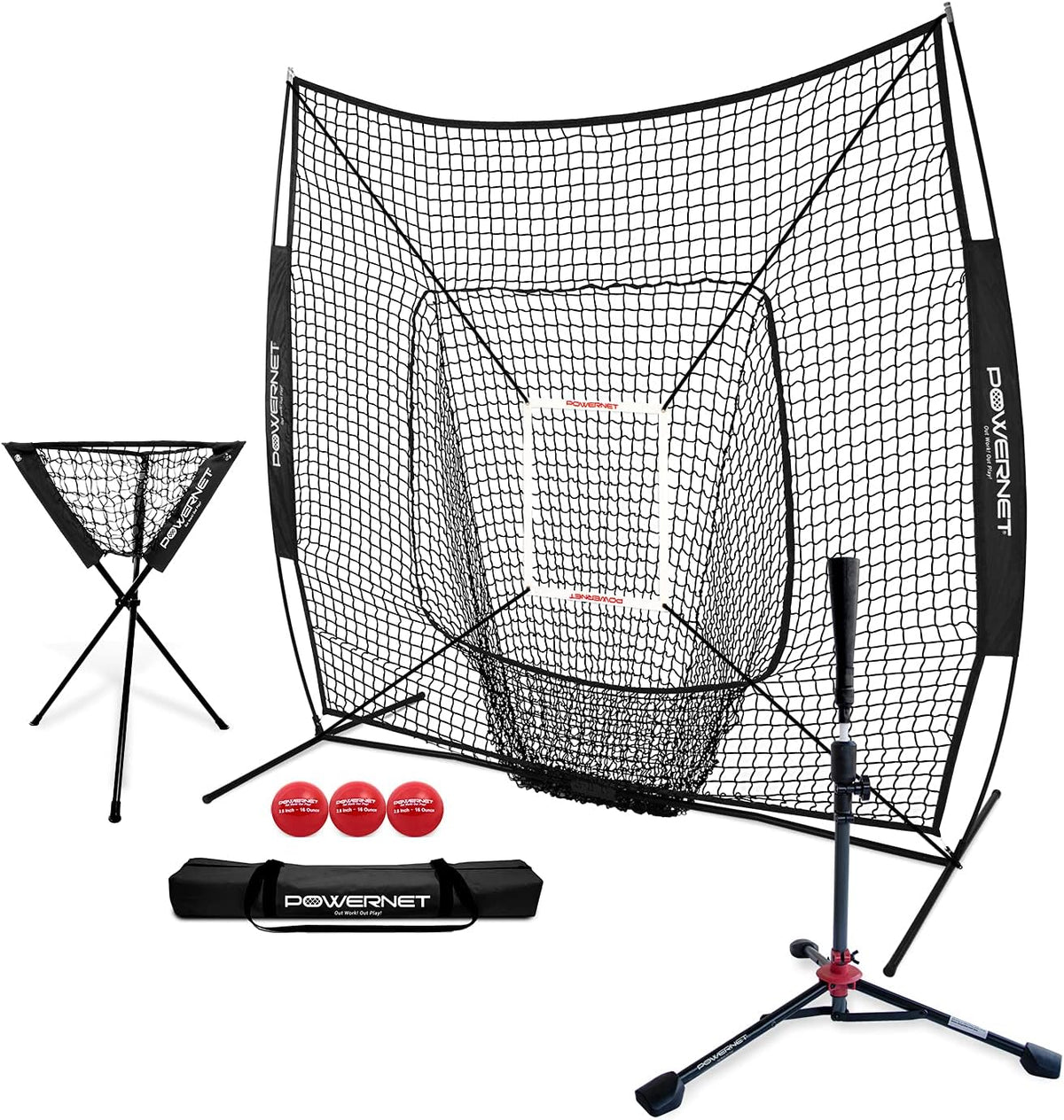 PowerNet 7×7 DLX Baseball and Softball Practice Net Set with Deluxe Tee, Ball Caddy, Weighted Balls, and Strike Zone