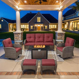 3-Piece Outdoor Patio Furniture Set with Two Swivel Rocker Chairs and Rattan Side Table, Wicker Glider Seating for Deck, Porch or Poolside, Brown and Blue