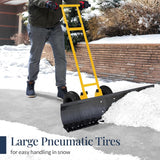 36in Galvanized Heavy-Duty Snow Pusher with 2 Wheels, Adjustable Handle & Blade Angle for Snow Removal, Black