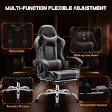 DUMOS Grey Ergonomic Gaming Chair for Adults, PU Leather Recliner with Footrest, Lumbar Support and Headrest, Featuring Fixed Armrests, Height Adjustment and 360° Swivel