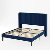 Allewie Queen Velvet Platform Bed with Vertical Channel-Tufted Wingback Headboard, Strong Wooden Slats, No Box Spring Required, Easy Assembly, Black