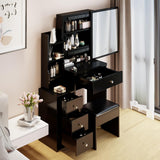 CIATRE Black Vanity and Bedside Cabinet Set with Cushioned Stool, Extra-Large Right Sliding Mirror, and Multi-Layer Storage