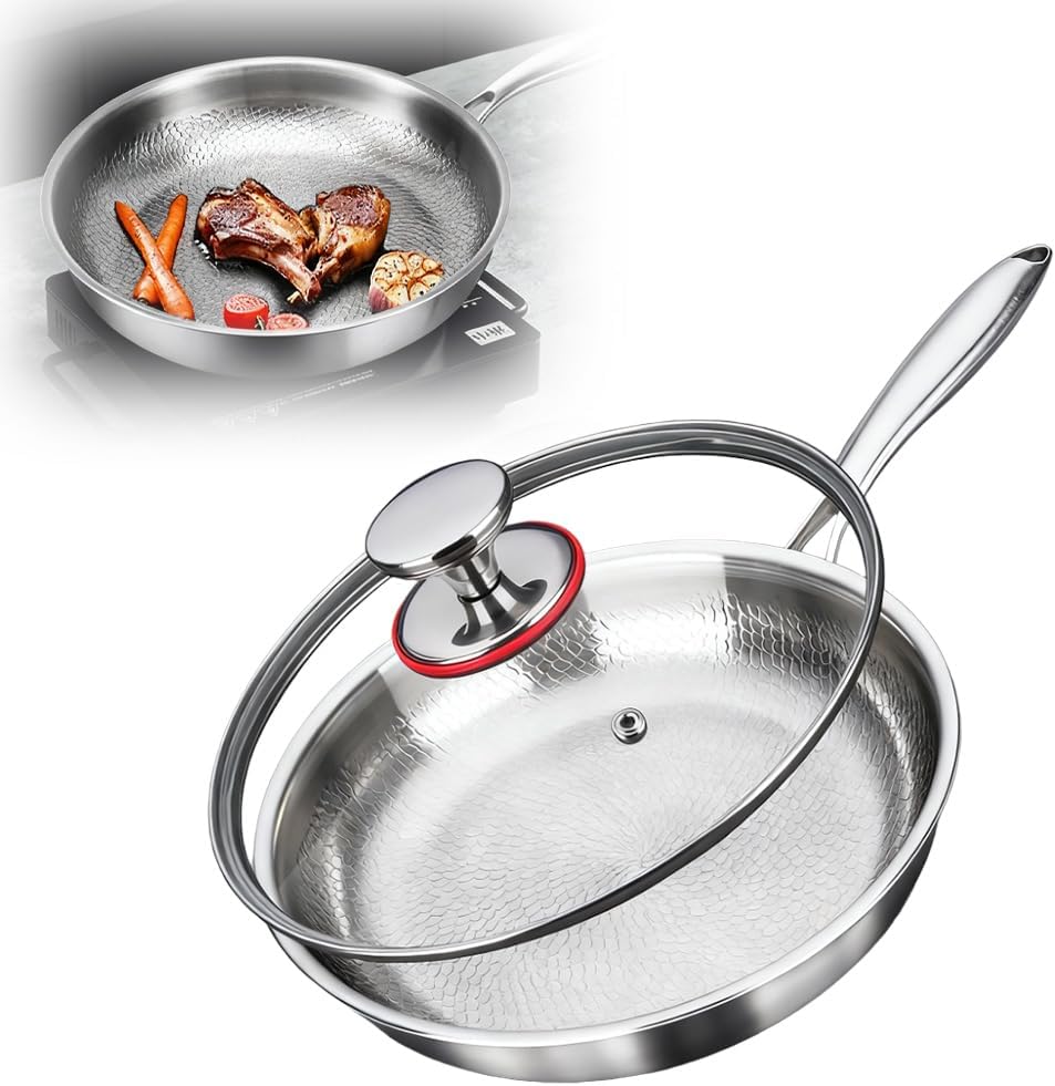 Titanium Hammered Pro Frying Pan with Lid, 11.81-Inch 100% Titanium Nonstick Cookware with Scratch-Resistant Finish for All Stovetops
