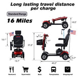 Red 4-Wheel Portable Mobility Scooter with Extended-Range Battery, Front and Rear Lights, and Basket