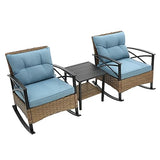 3-Piece Blue Wicker Rocking Bistro Set with Cushioned Rattan Rocker Chairs and Side Table for Patio, Garden, Yard, Porch, or Balcony